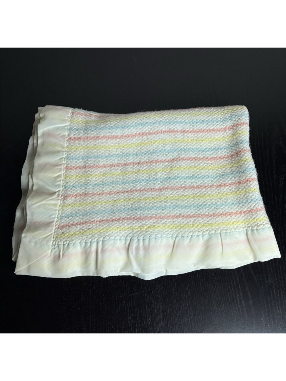 Vintage Acrylic Woven White/Pastel Stripe Baby Blanket with Nylon Trim/Binding